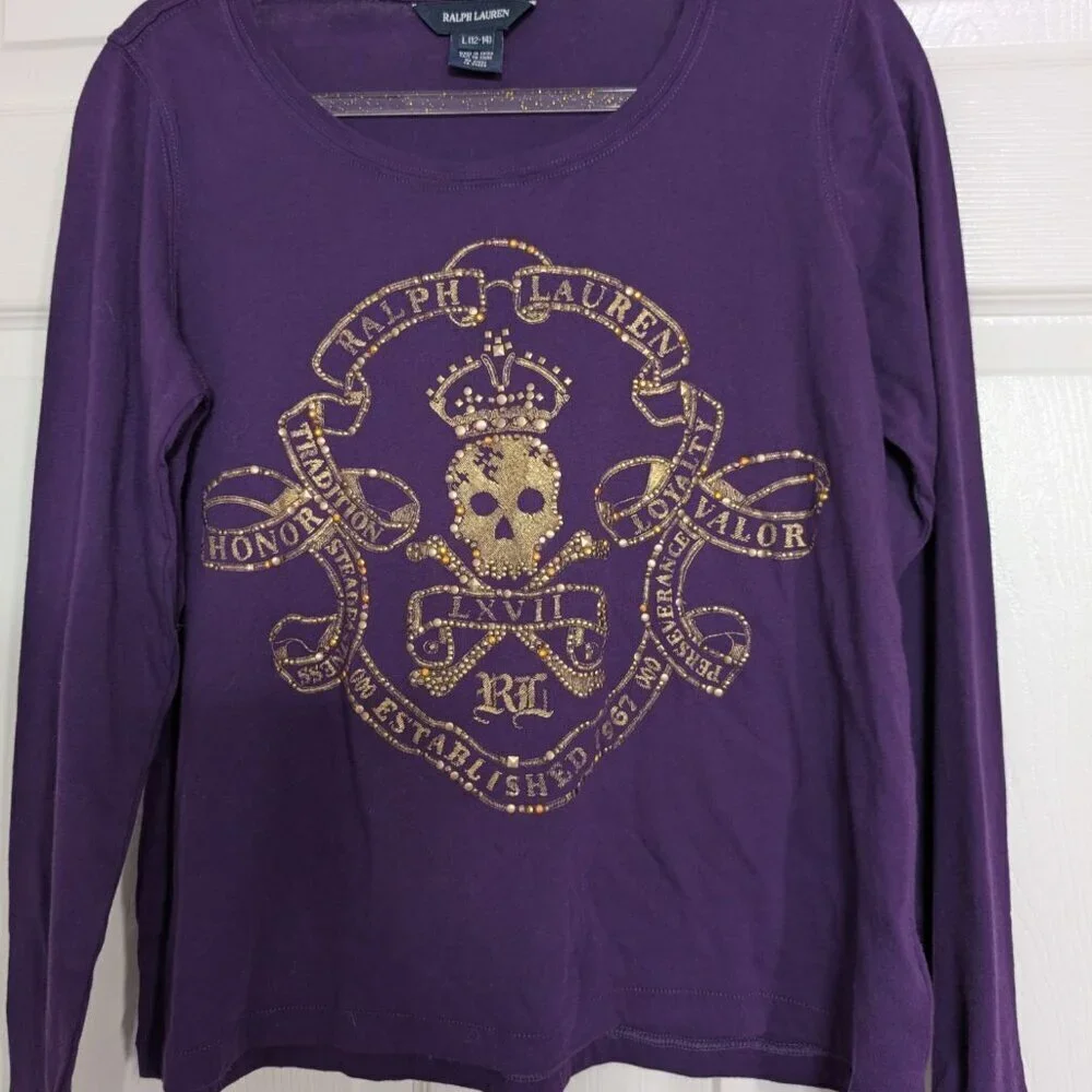 NEW Ralph Lauren Skull Crown T Shirt Girls Size Large Purple Bedazzled Cotton